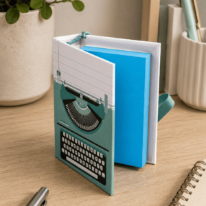 Porta post-it retrô Genevie com capa de máquina de escrever verde sobre mesa de madeira com caneta e caderno